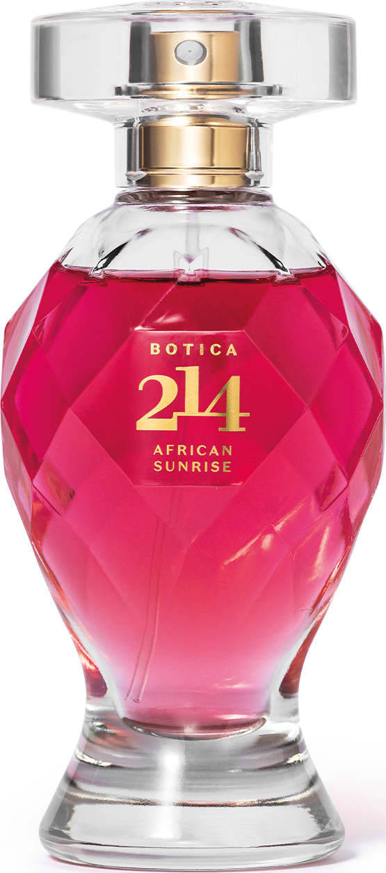 Vidro lapidado em formato de taça com líquido rosa vibrante, tampa transparente, pulverizador e letras douradas contendo 75ml de Eau de Parfum Botica 214 African Sunrise Floral Frutal.