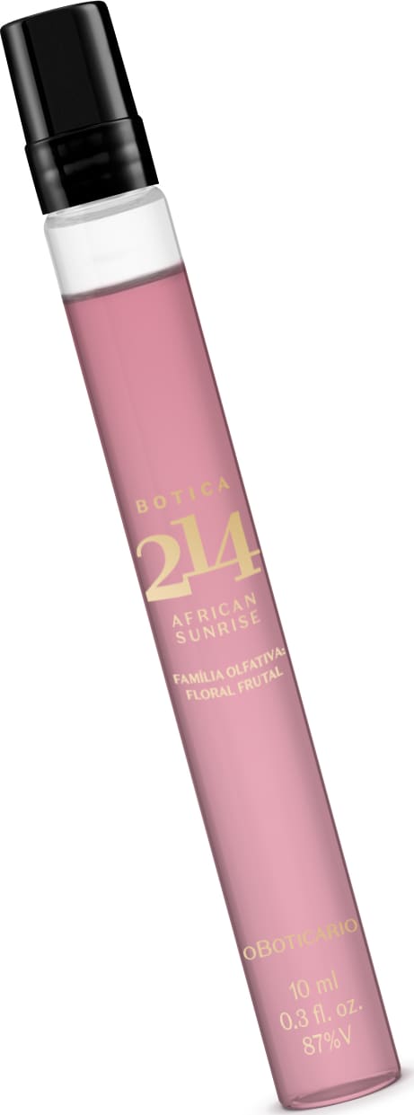 Frasco transparente de 10ml contendo líquido roso, tampa preta e letras douradas contendo Eau de Parfum feminino Botica 214 African Sunrise.