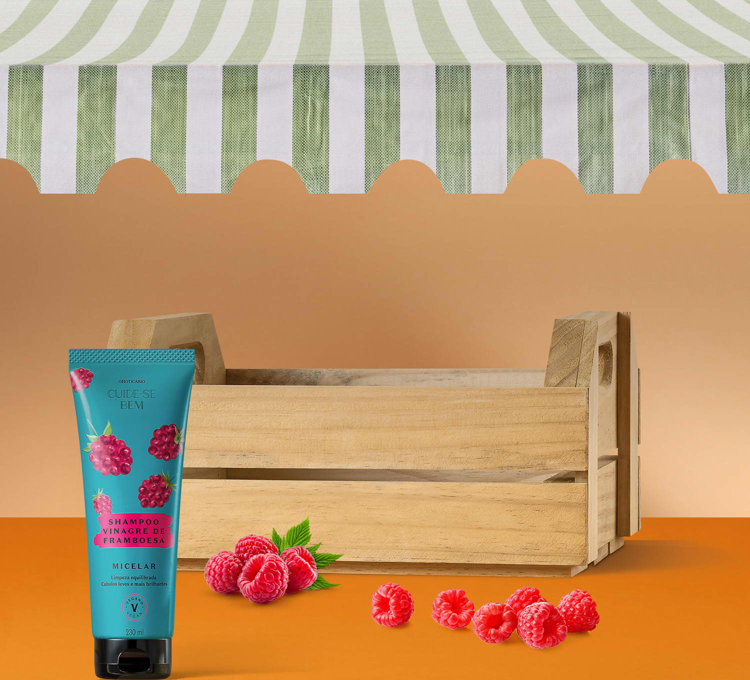 Caixa de madeira com frasco azul com tampa preta e ilustrações de framboesas na cor rosa contendo shampoo Cuide-se Bem Feira Vinagre de Framboesa rodeada por framboesas frescas sobre fundo laranja e parede listrada em verde e branco.