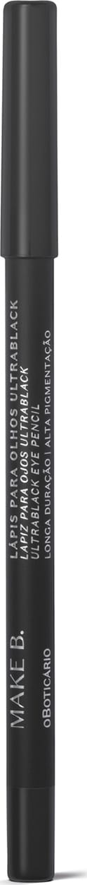 Lápis delineador de olhos preto da marca Make B. Ele tem uma embalagem cilíndrica preta e o corpo do lápis possui texto em letras brancas com o nome da marca gravada.