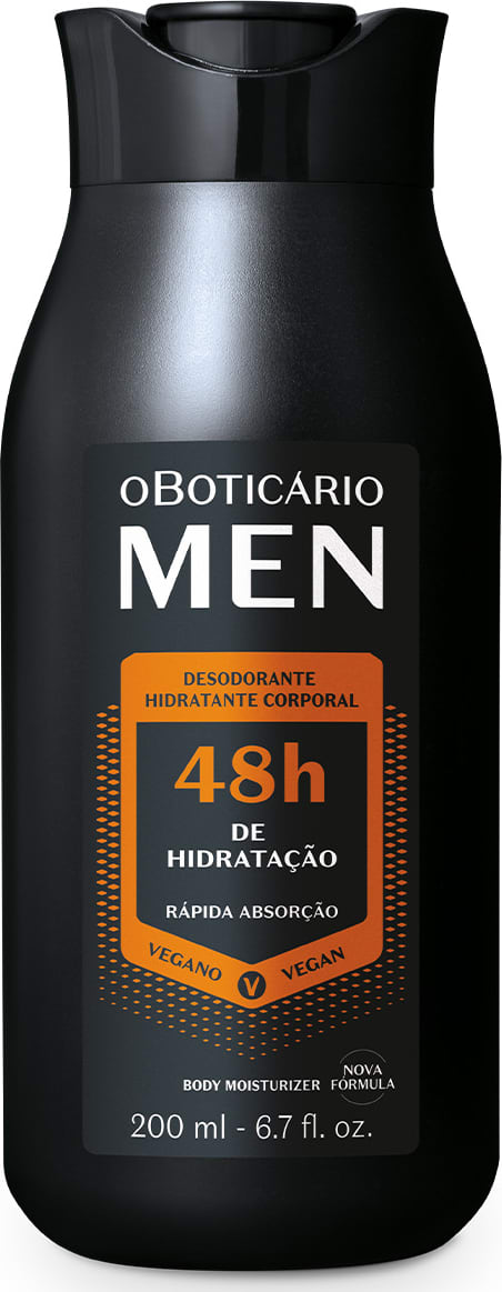 Frasco preto com detalhes na cor laranja e letras brancas contendo 200ml de loção desodorante hidratante corporal da marca Men.