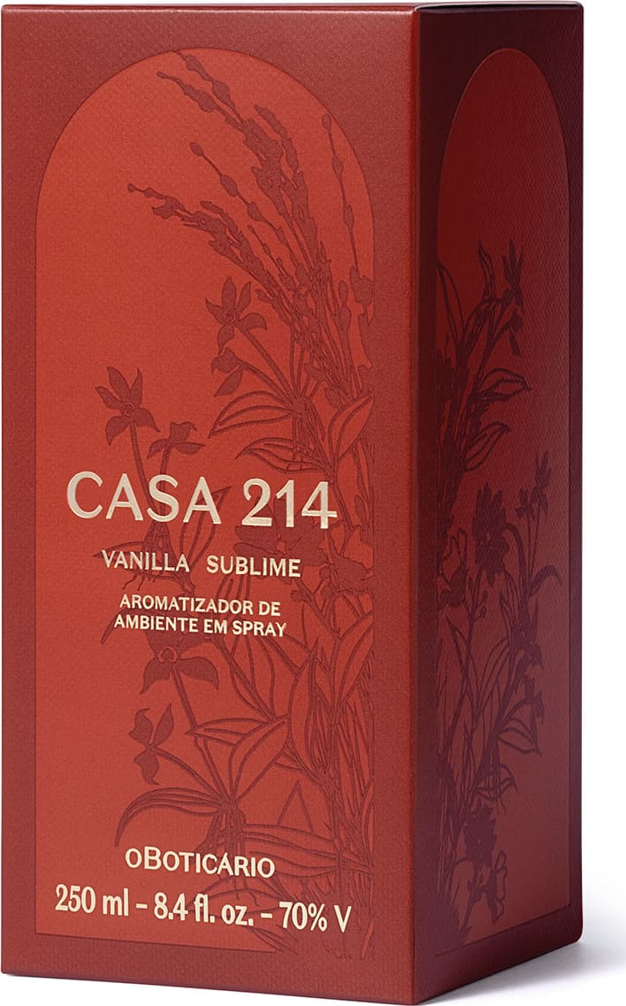 Caixa laranja escuro com letras douradas que contém um aromatizador de ambientes em spray da marca Casa 214 Vanilla Sublime.