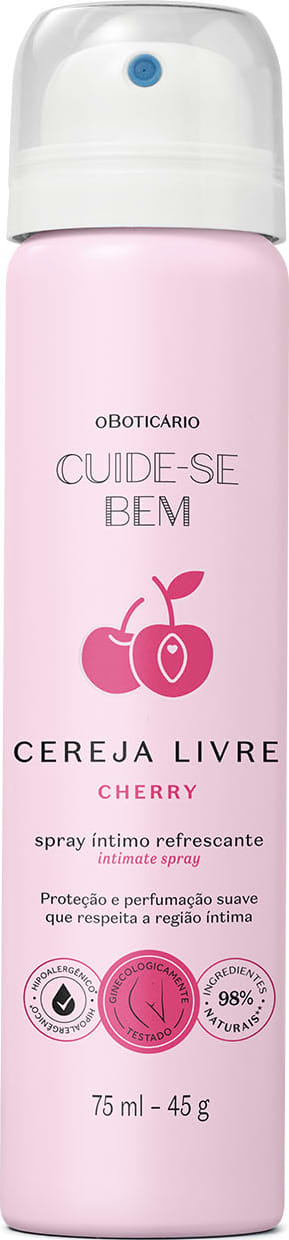 Frasco rosa claro com tampa branca, letras pretas e cerejas vermelhas ilustradas no rótulo contendo 75ml de spray íntimo refrescante Cuide-se Bem Cereja Livre.