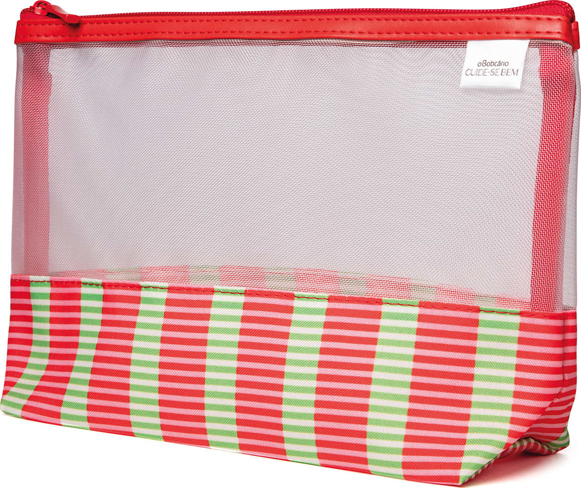 Nécessaire Cuide-se Bem Feira com a parte superior transparente, de telinha branca, e parte inferior listrada de rosa e branco. Possui zíper para fechamento e etiqueta com a marca O Boticário Cuide-se Bem.
