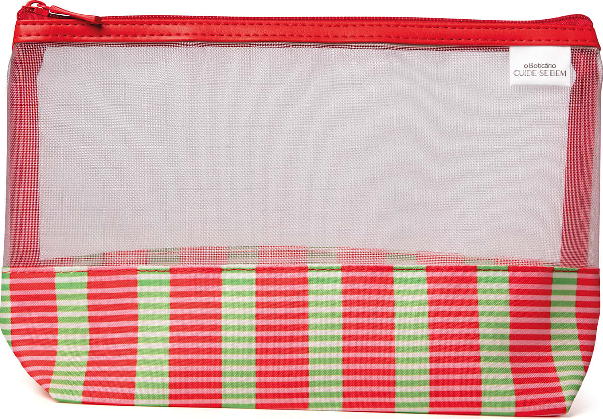 Nécessaire Cuide-se Bem Feira com a parte superior transparente, de telinha branca, e parte inferior listrada de rosa e branco. Possui zíper para fechamento e etiqueta com a marca O Boticário Cuide-se Bem.
