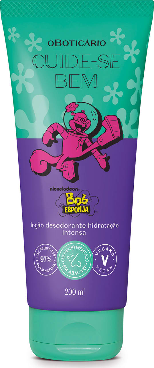 Bisnaga em tons de azul com ilustração da personagem Sandy Bochechas contendo 200ml de loção desodorante hidratante Cuide-se Bem Bob Esponja e Amigos.