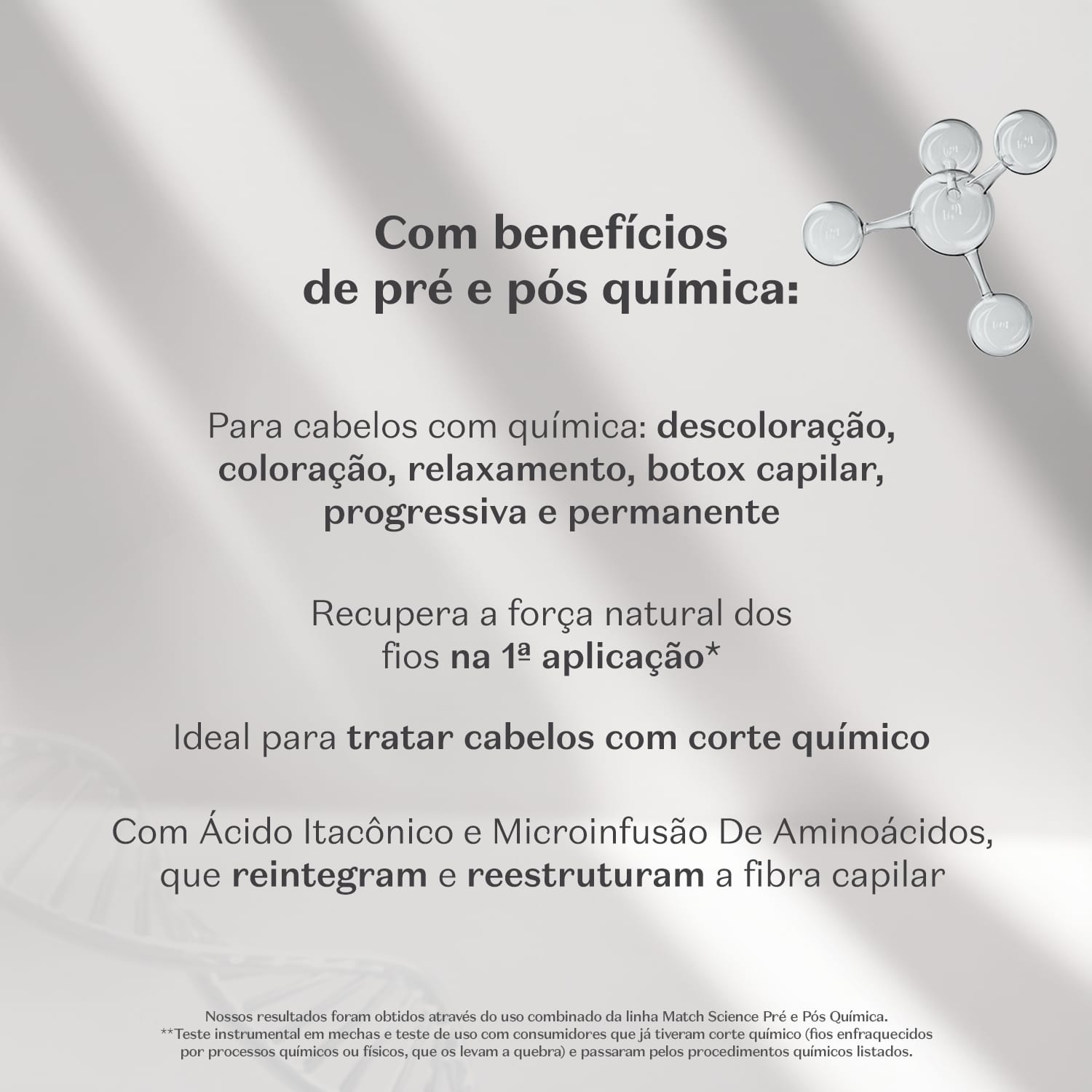 Fundo cinza com sombras onduladas e letras pretas informando os benefícios da linha pré e pós química.
