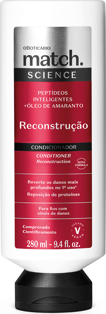 Frasco branco com tampa preta e rótulo vermelho metalizado, branco e prateado contendo 280ml de condicionador Match Science Reconstrução.