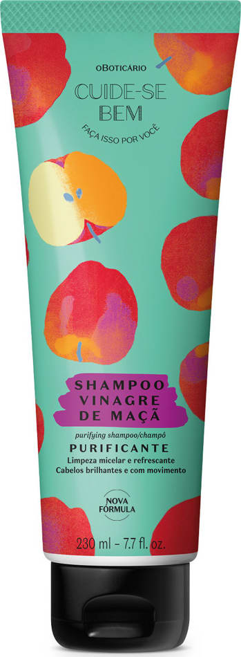 Imagem de um frasco de shampoo Cuide-se Bem Feira Vinagre de Maçã, com embalagem verde-menta e ilustrações de maçãs. Essa bisnaga traz uma tampa preta e seu rótulo possui detalhe na cor roxa, com letras também pretas.