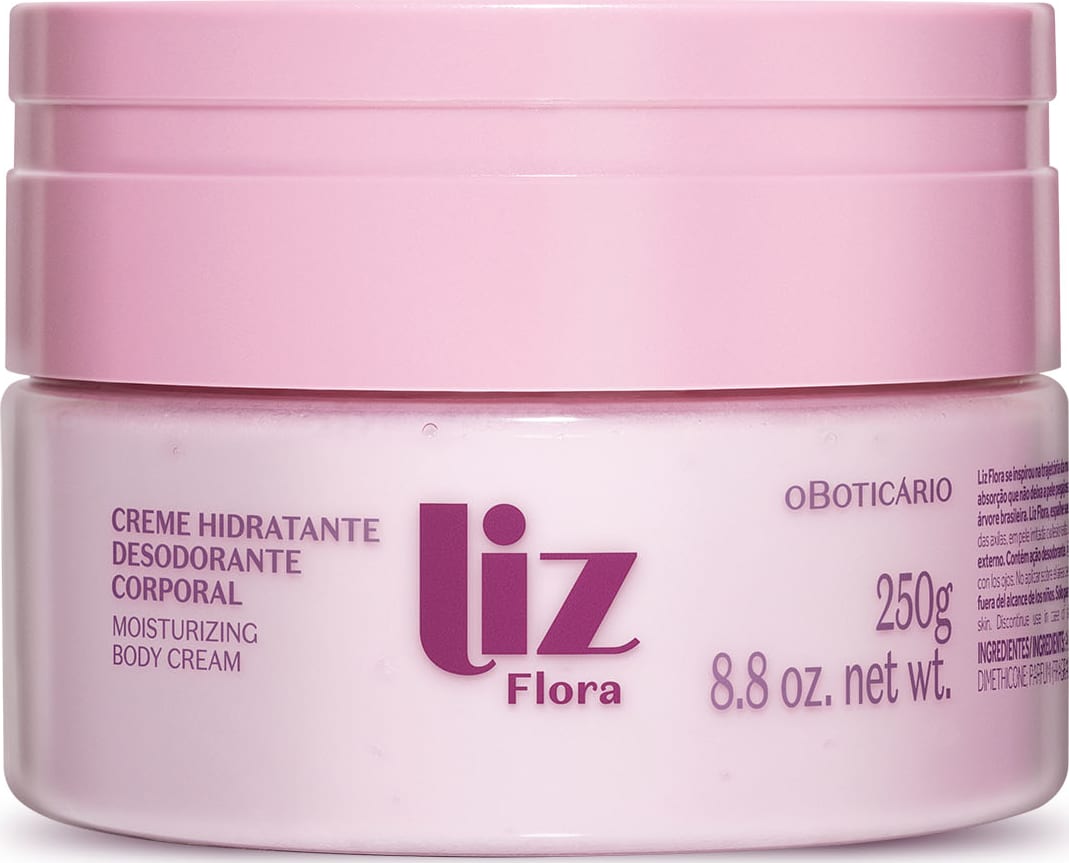 Pote rosa claro com tampa rosa e letras vinho contendo 250g de creme hidratante corporal Liz Flora.