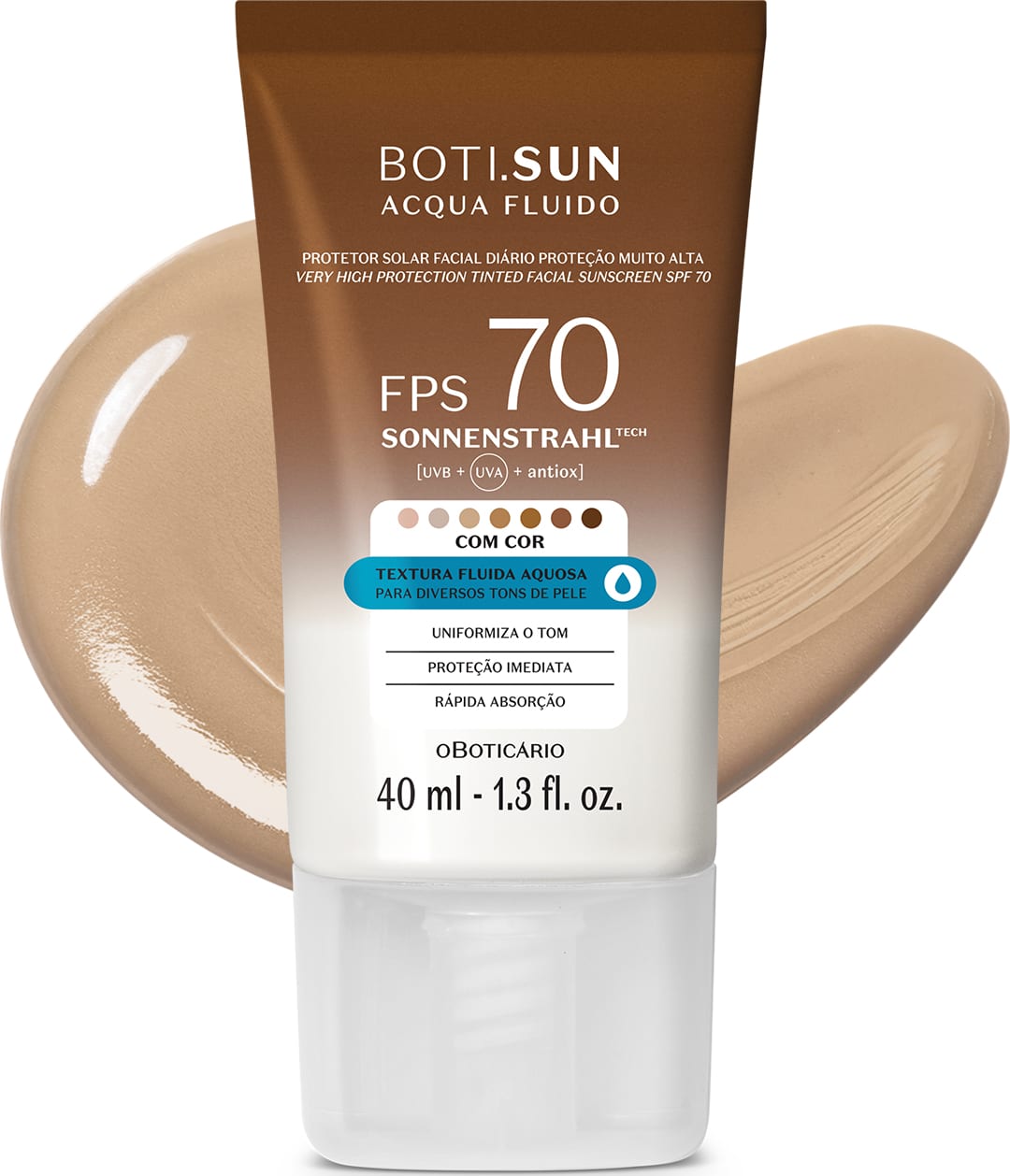 Frasco de 40ml de protetor solar facial com cor 3.0 FPS 70 Boti.Sun em embalagem marrom e branca e rótulo com letras brancas contendo informações sobre o produto. Ele está à frente de uma quantidade do produto mostrando textura e tonalidade bege médio.