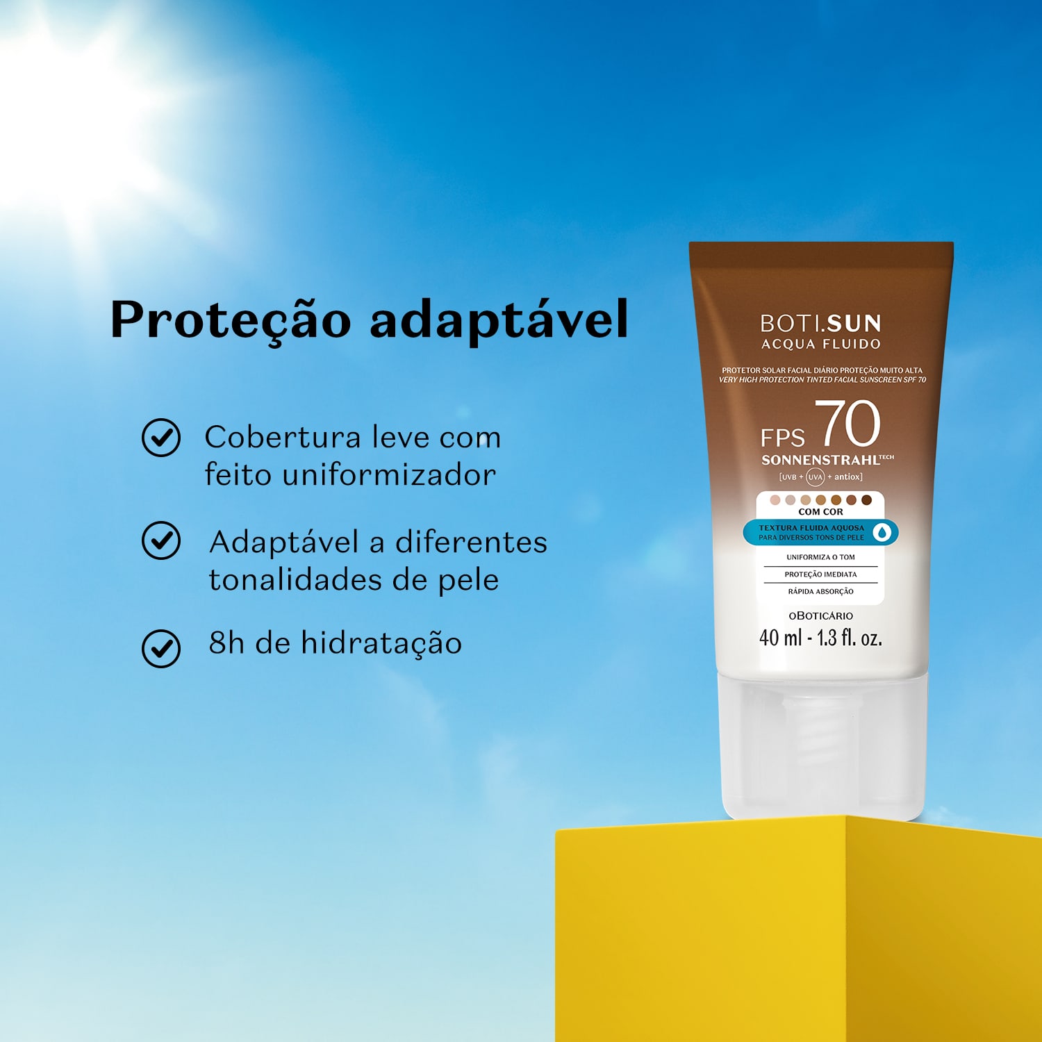 Embalagem de protetor solar Boti Sun FPS 70 em primeiro plano, com céu azul, luz solar ao fundo e letras pretas informando os benefícios do produto.