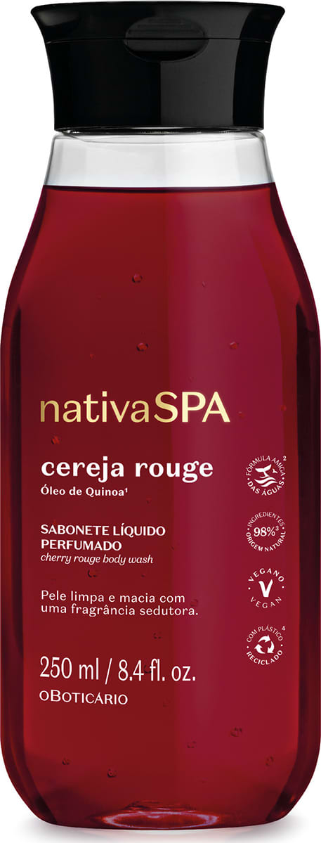 Frasco transparente com liquido vermelho escuro, tampa preta e rótulo em letras brancas e douradas contendo 250ml de sabonete líquido da arca Nativa SPA Cereja Rouge.
