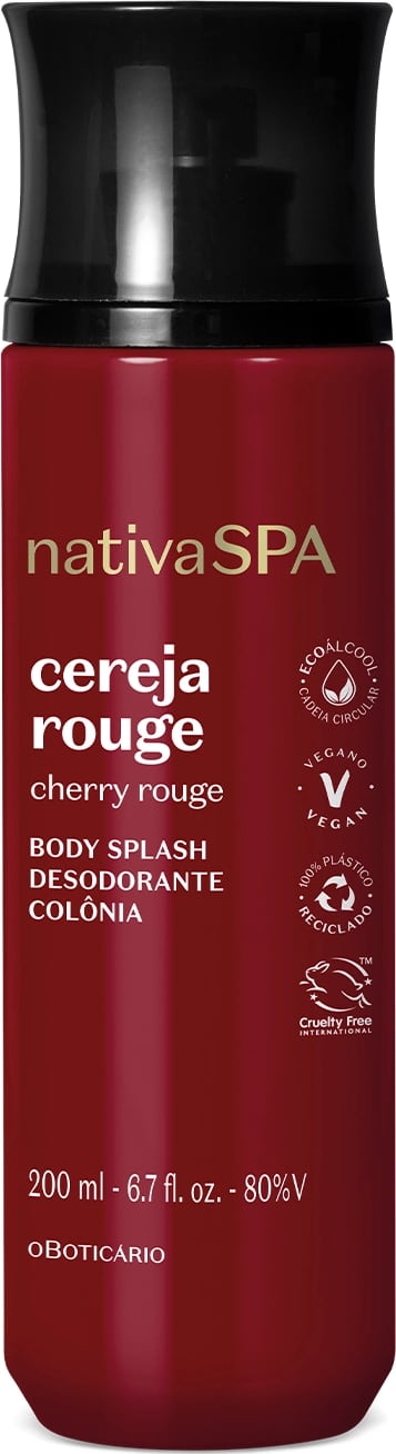 Frasco vermelho escuro com tampa preta e letras brancas e douradas contendo 200ml de body splash Nativa SPA Cereja Rouge.