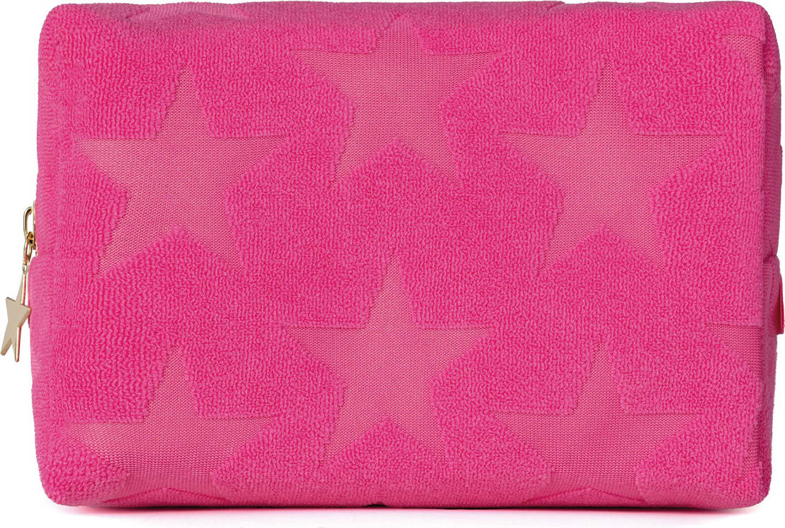 O produto apresentado é um necessaire rosa com estampa de estrelas. Possui um zíper dourado e uma alça para transporte. O necessaire é feita de material macio e texturizado, indicado para crianças.