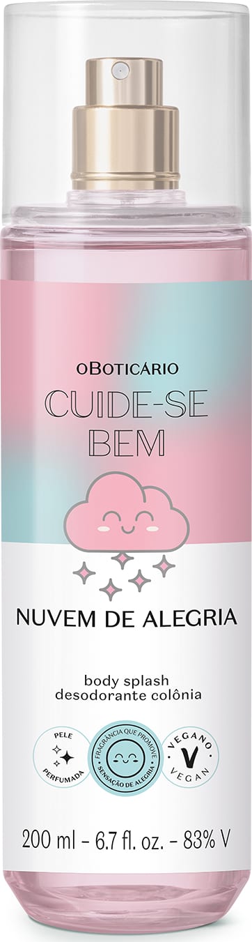 Frasco transparente com líquido lilás, pulverizador dourado e rótulo em tons de azul e rosa com nuvem sorridente ilustrada contendo 200ml de body splash Cuide-se Bem Nuvem de Alegria.