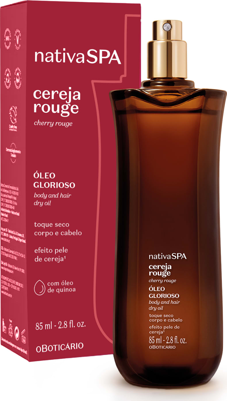 Frasco longo na cor vermelho escuro com borrifador dourado contendo 85ml de óleo multifuncional glorioso corpo e cabelos Nativa SPA Cereja Rouge ao lado de sua caixa na cor vermelha com letras brancas.