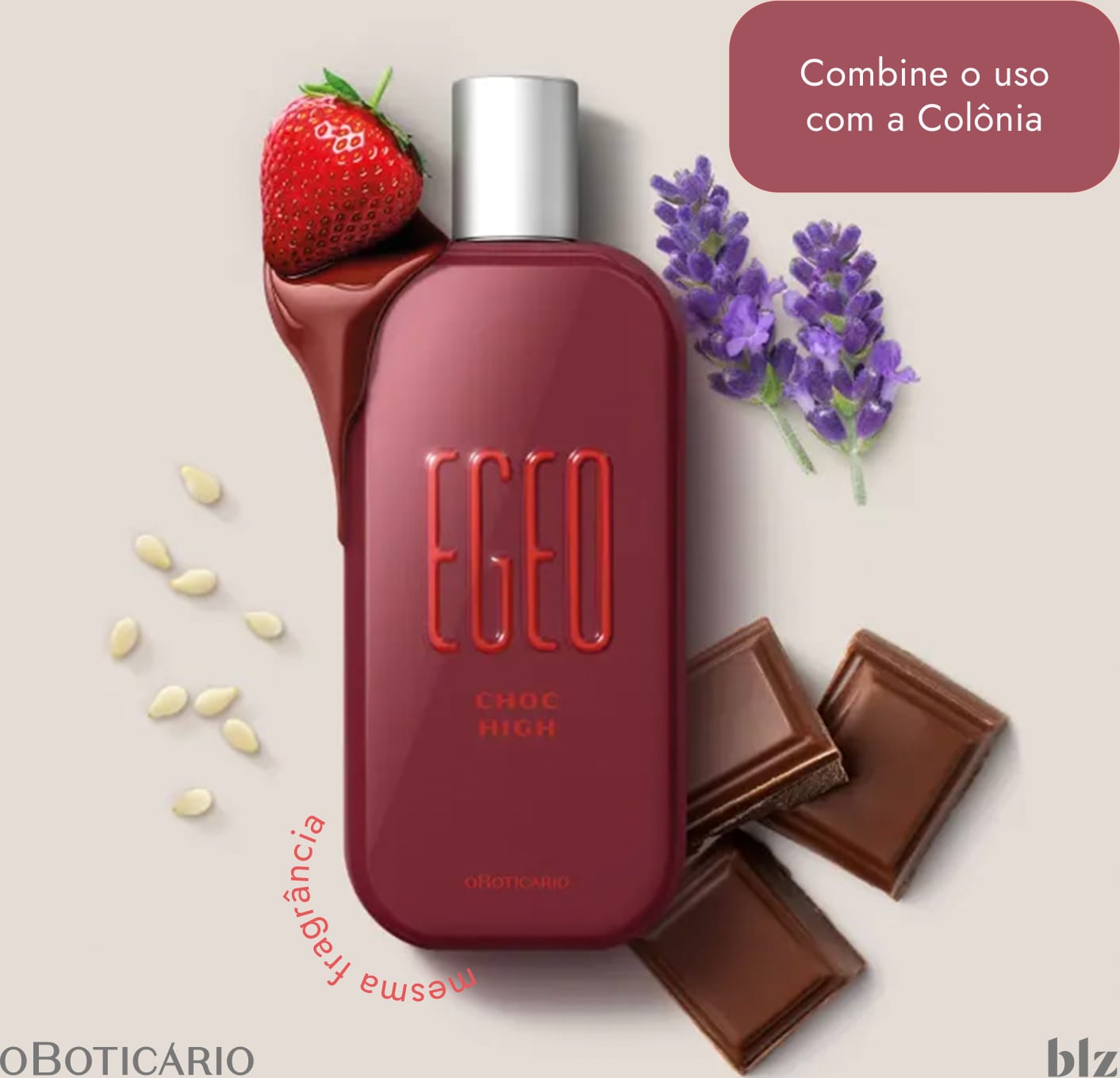 Frasco de item de perfumaria da marca Ego, com rótulo vermelho e texto "Ego Choc High". Ao redor, há flores de lavanda, morangos, pedaços de chocolate e sementes.