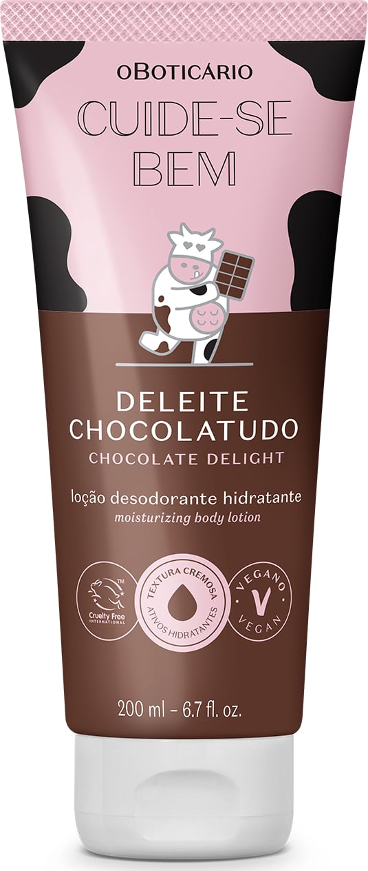 Frasco de loção hidratante corporal da marca Cuide-se Bem Deleite Chocolatudo, com bisnaga rosa e marrom, apresentando ilustração de vaca no rótulo.