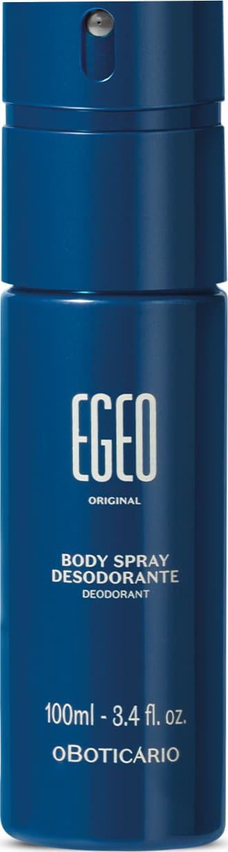 Frasco cilíndrico azul marinho com letras brancas contendo 100ml de body spray da marca Egeo Original.