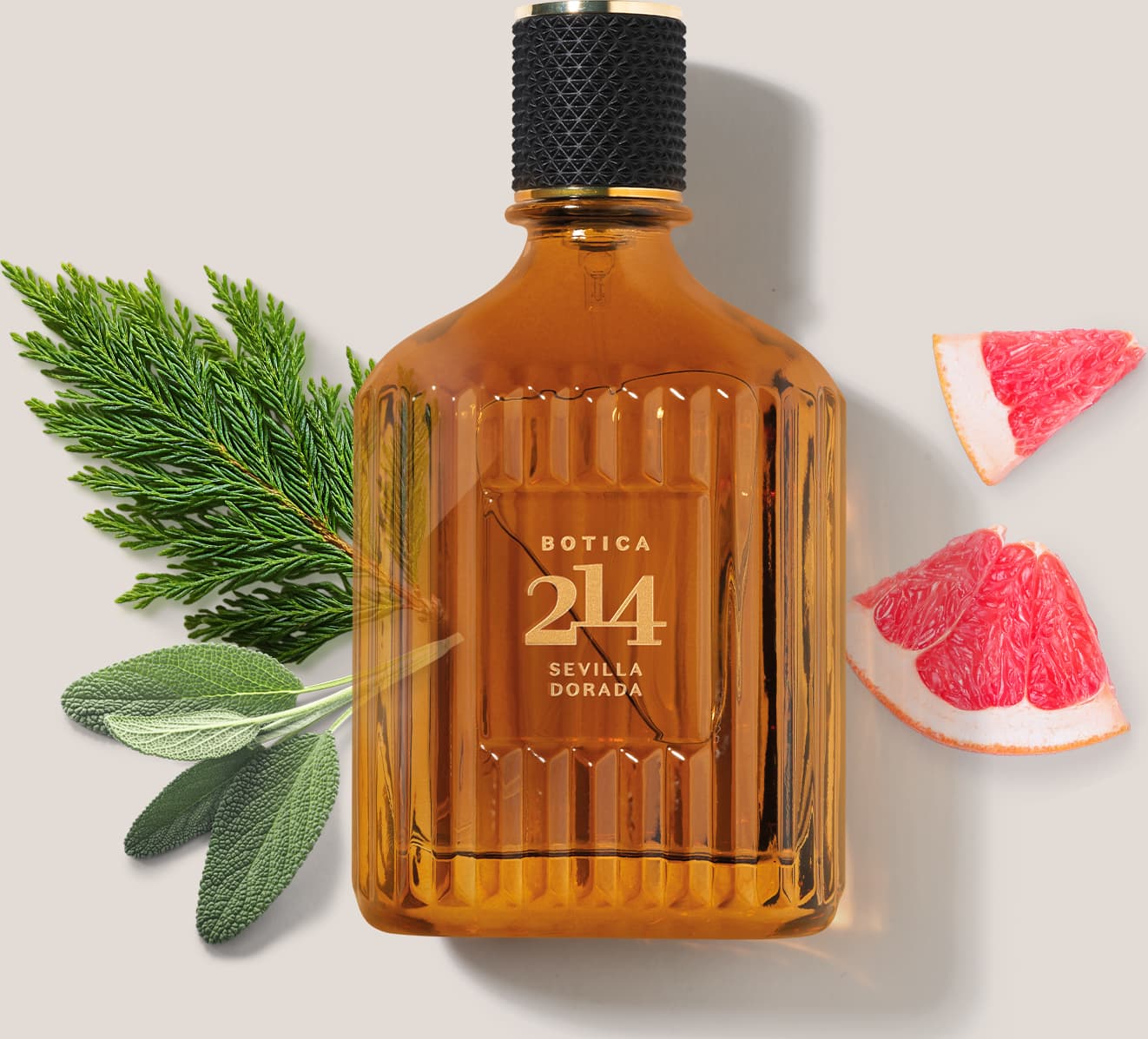 Frasco de Eau de Parfum Fougére Aromático Botica 214 Sevilla Dorada em fundo claro, com ramos de plantas verdes e fatias de toranja ao redor, criando um cenário natural e aromático.