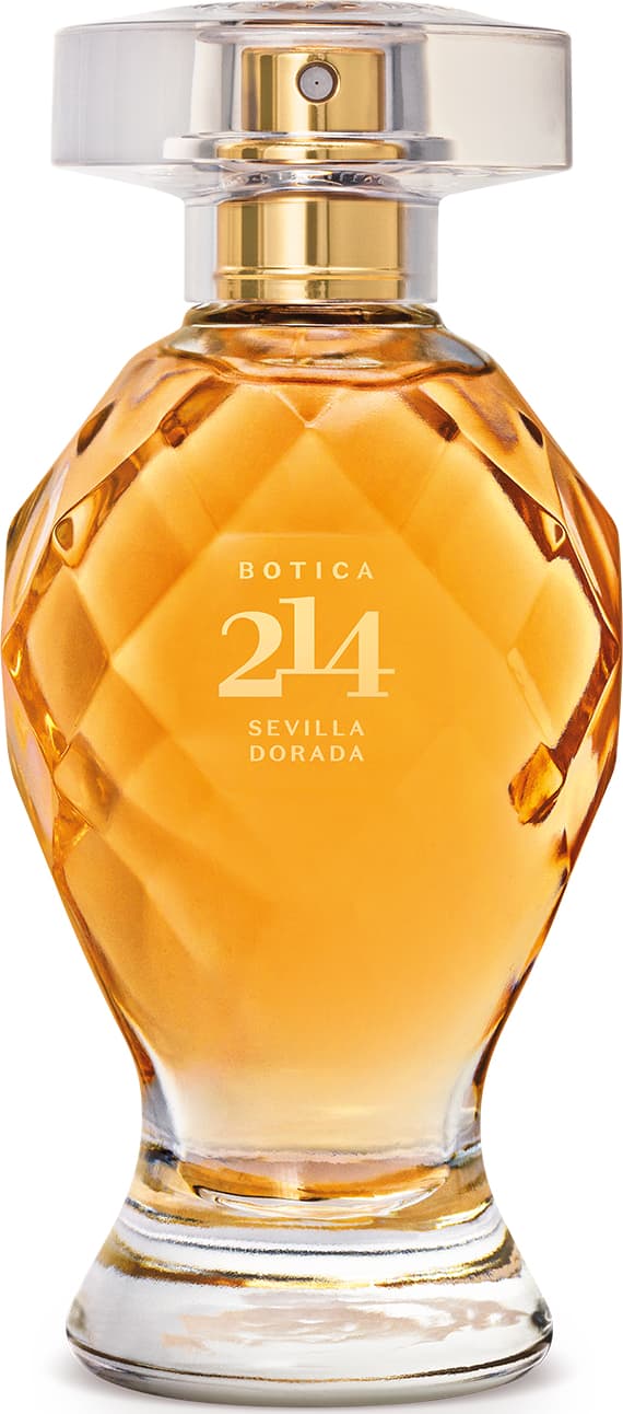 Frasco de Eau de Parfum Floral Frutal Botica 214 Sevilla Dorada, com formato ovalado e textura facetada, em embalagem transparente elíquido alaranjado, com rótulo destacando o nome da fragrância em letras amarelas.