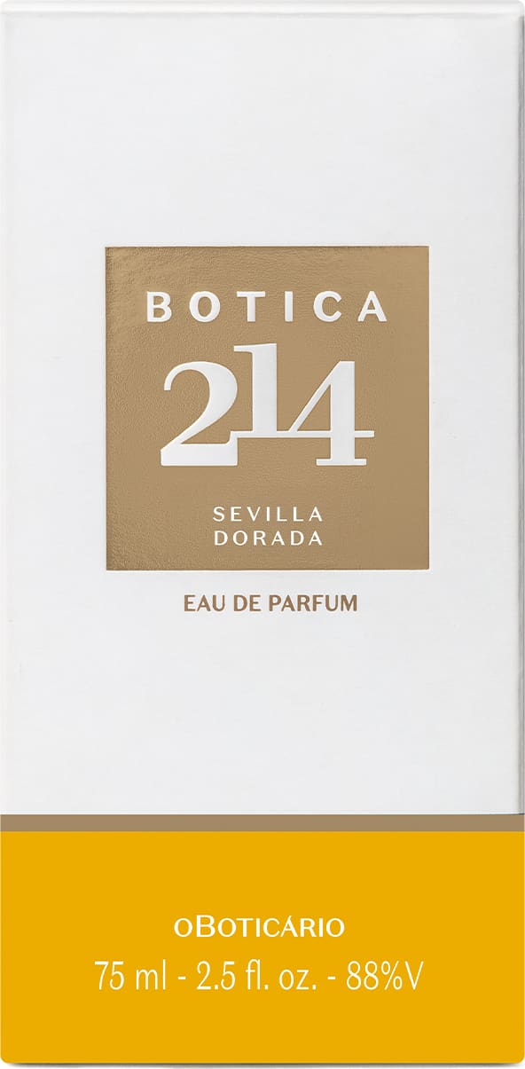 Caixa branca de Eau de Parfum Floral Frutal Botica 214 Sevilla Dorada com rótulo retangular em tom bege e texto em branco e fundo com detalhe na cor laranja.