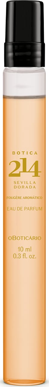 Vidro transparente em formato cilíndrico com tampa preta e líquido alaranjado contendo 10ml de Eau De Parfum Botica 214 Sevilla Dorada Fougére Aromático.