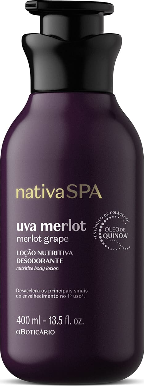 Frasco roxo escuro com tampa preta e letras douradas e brancas contendo 400ml de loção nutritiva hidratante corporal da marca Nativa SPA Uva Merlot.