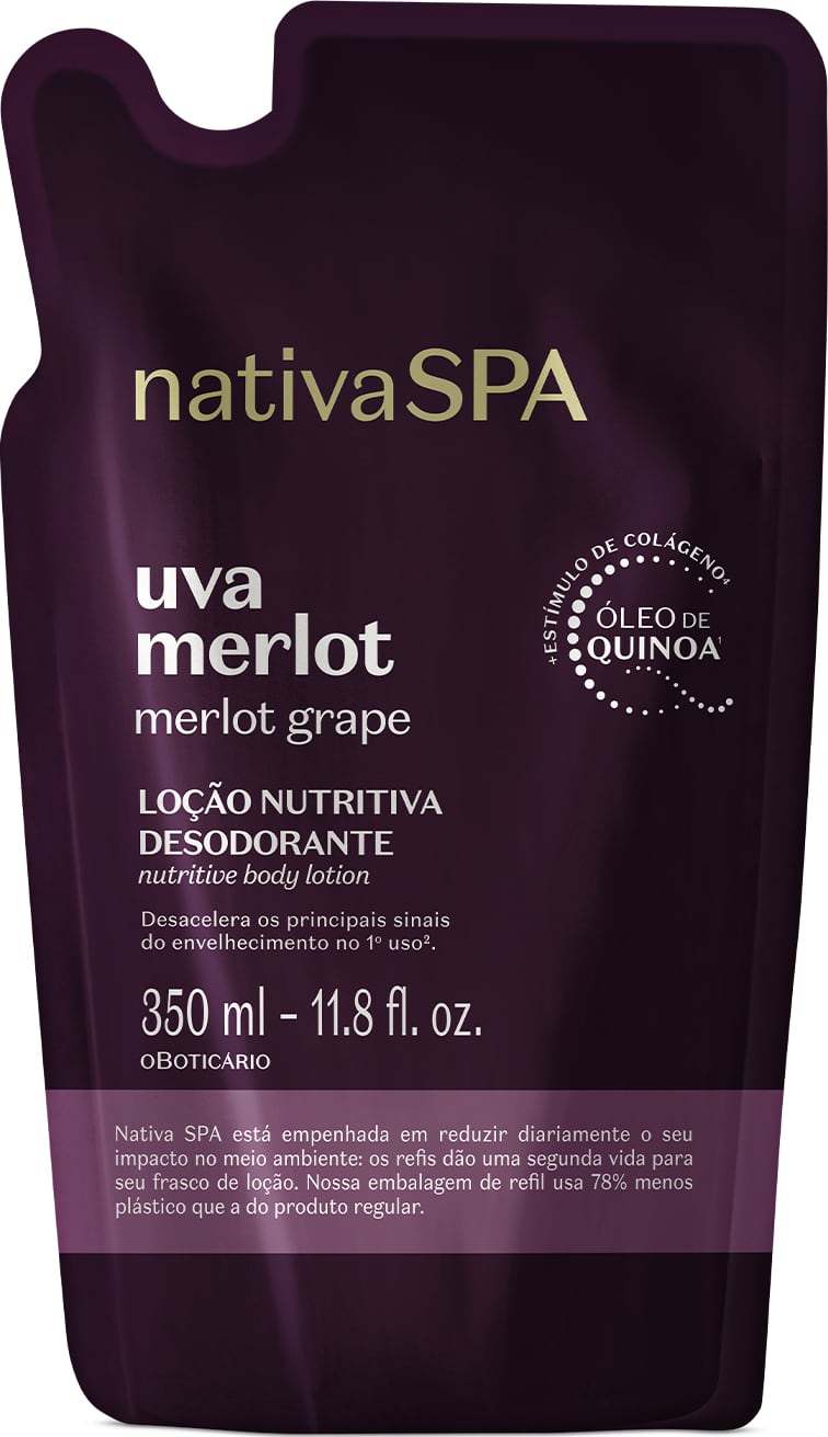 Refil de loção corporal desodorante da marca Nativa SPA Uva Merlot, com sachê de 350 ml na cor roxa escura, rótulo com texto em dourado e branco informando a marca e as características do produto.
