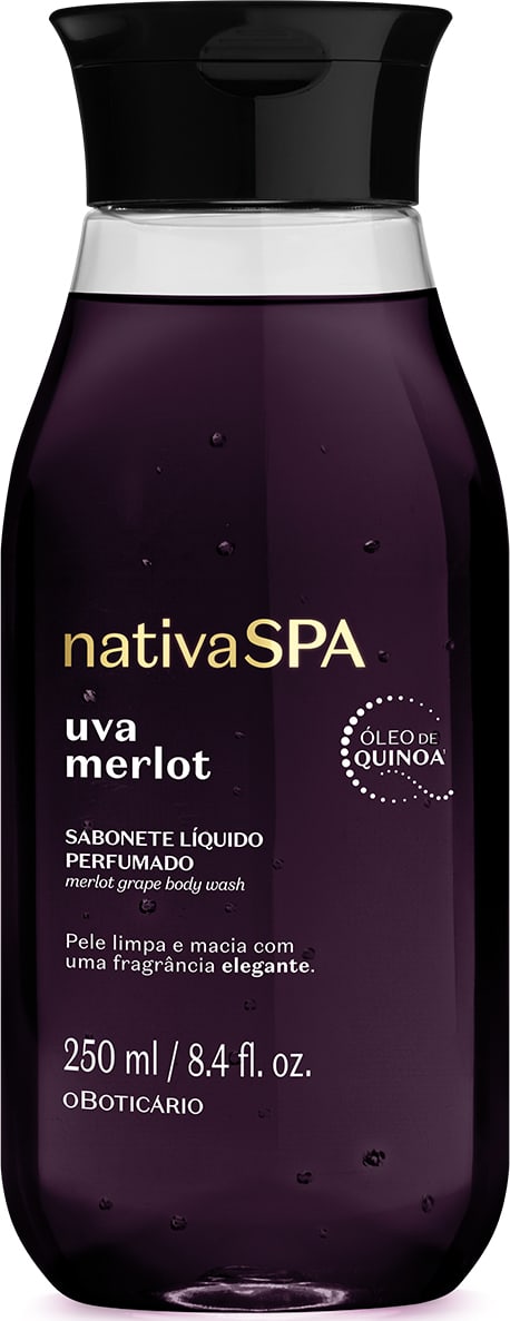 Frasco de 250 de sabonete líquido perfumado da marca Nativa SPA Uva Merlot, em embalagem transparente com sabonete roxo escuro, tampa preta e letras brancas e douradas.