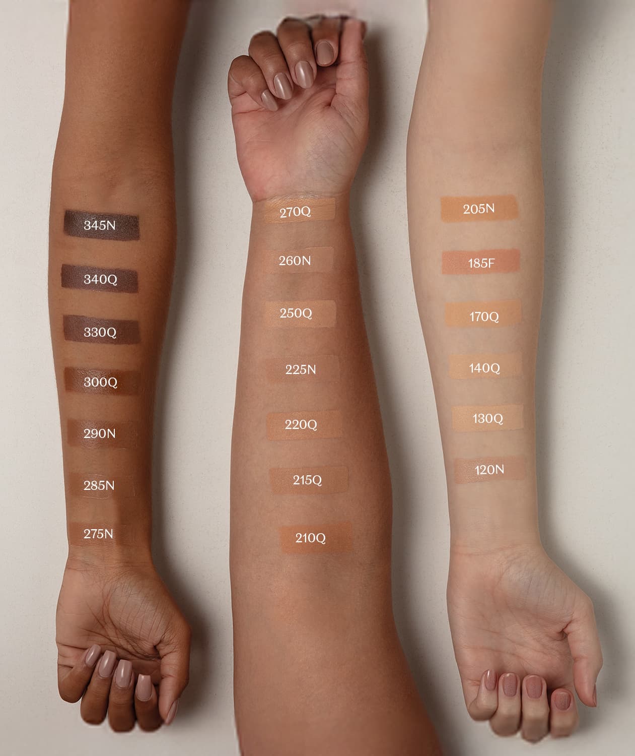 Imagem mostra três braços de cores diferentes estendidos sobre superfície branca sendo o braço mais a esquerda de pele negra, o do meio de pele parda e o da direita com pele branca, todos com diversos tons de base aplicados sobre eles e seus códigos.