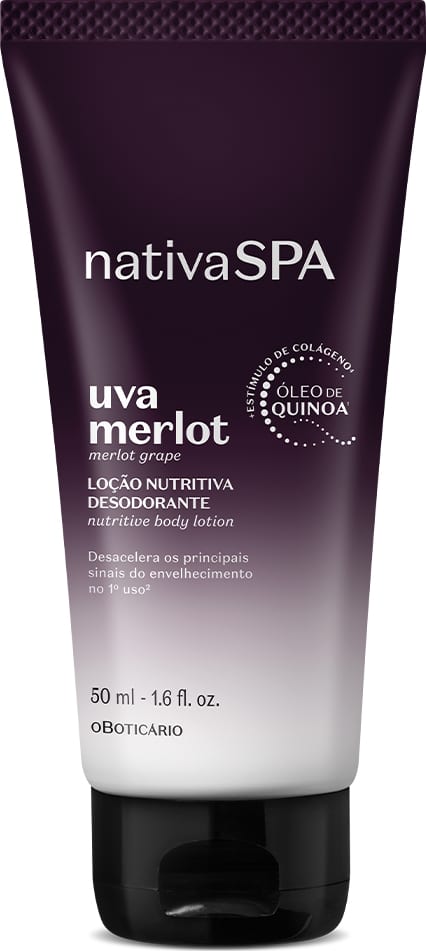 Frasco de loção corporal nutritiva da marca Nativa SPA Uva Merlot, em embalagem com degradê de roxo escuro e branco, tampa preta e rótulo em letras brancas contendo o nome do produto e informações sobre o produto.