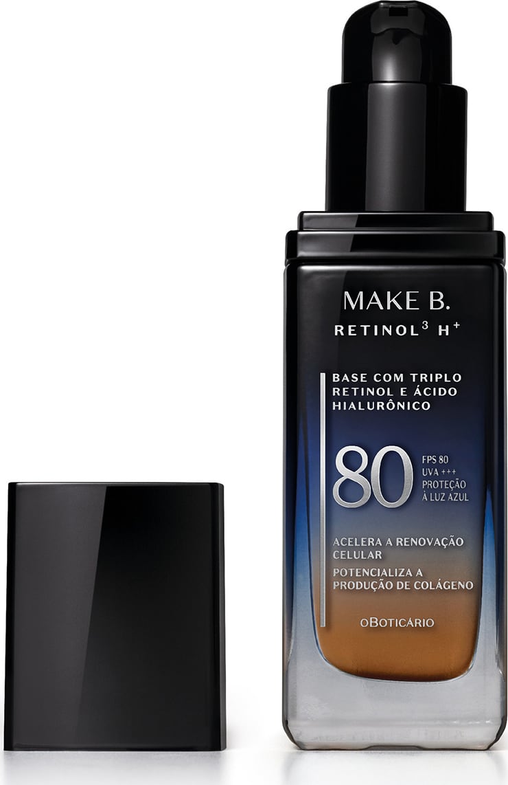 Frasco de vidro retangular aberto em degradê de preto para o azul base líquida da marca Make B.  Retinol 3 H+, na parte inferior se vê o tom marrom da base. O rótulo contém texto escrito em branco, com destaque para o FPS 80. Tampa preta ao lado do frasco