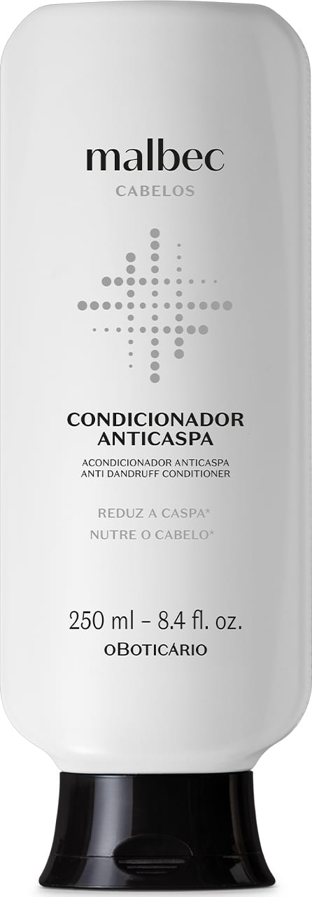 Imagem de um frasco branco com tampa preta e rótulo com letras pretas da marca Malbec  para cabelos, contendo condicionador anticaspa, com informações sobre o produto e volume de 250 ml.