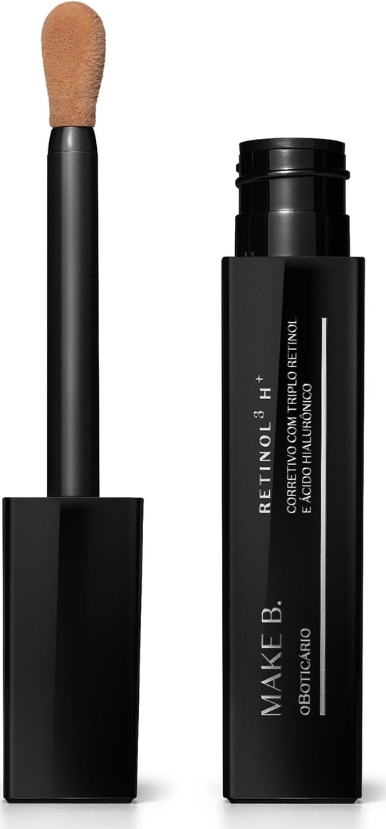 Frasco preto de corretivo líquido da marca Make B. Retinol³ H+ aberto e tampa com aplicador visível na cor preta com ponta em espuma aveludada na cor do produto.