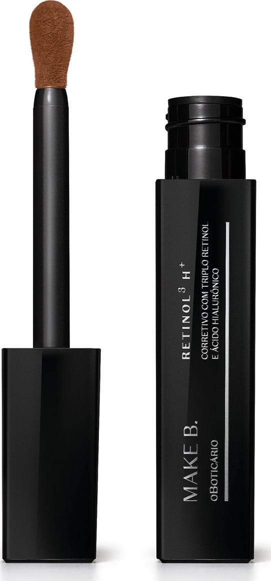 Frasco preto de corretivo líquido da marca Make B. Retinol³ H+ aberto e tampa com aplicador visível na cor preta com ponta em espuma aveludada na cor do produto.