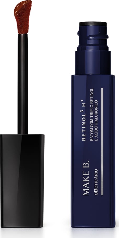Frasco de batom líquido da marca Make B. com aplicador em formato de pincel com ponta aveludado na cor do produto, em embalagem azul escura com texto em branco.