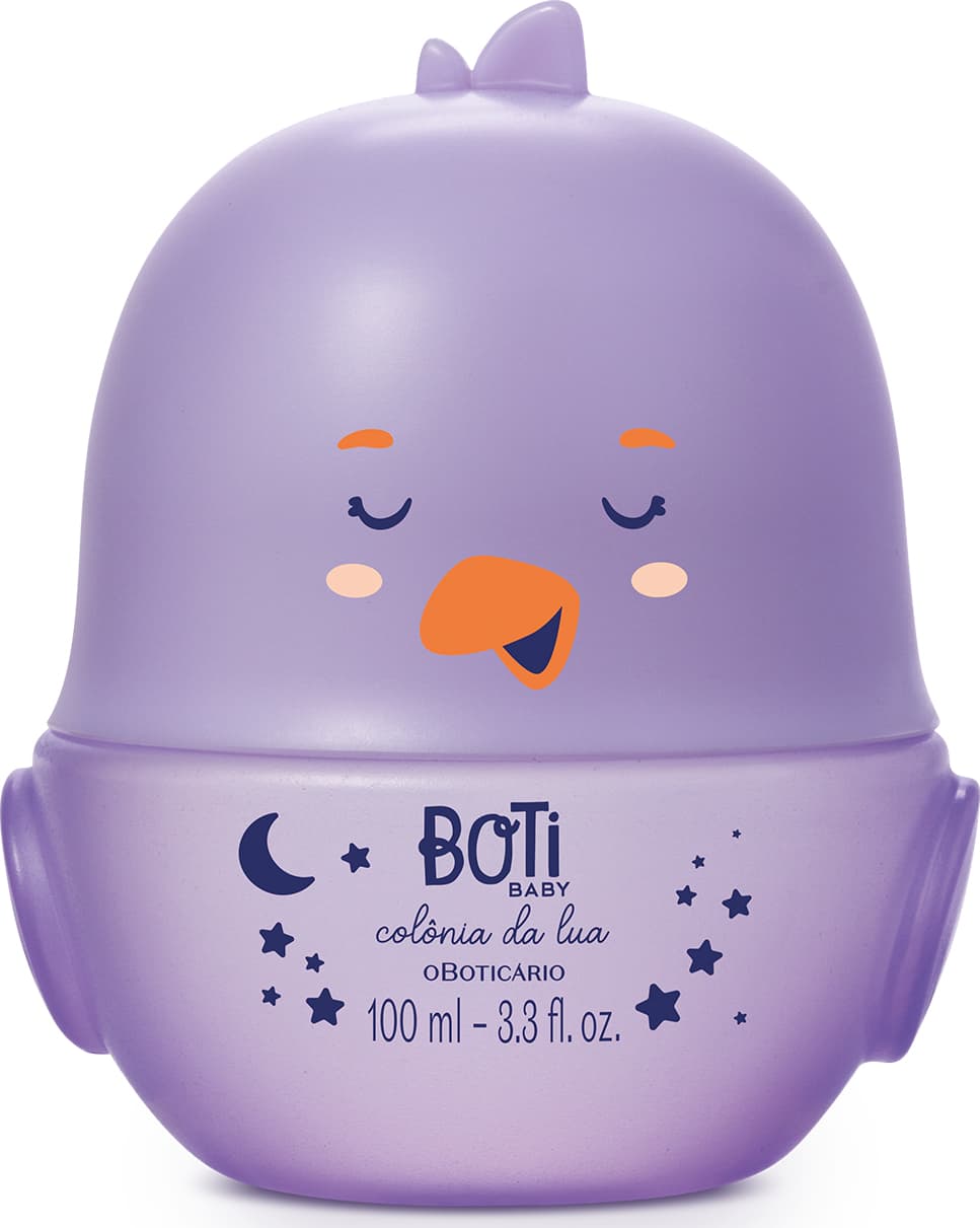 Frasco em forma de pintinho na cor roxa com detalhes laranja contendo 100ml de colônia Boti Baby Lua.