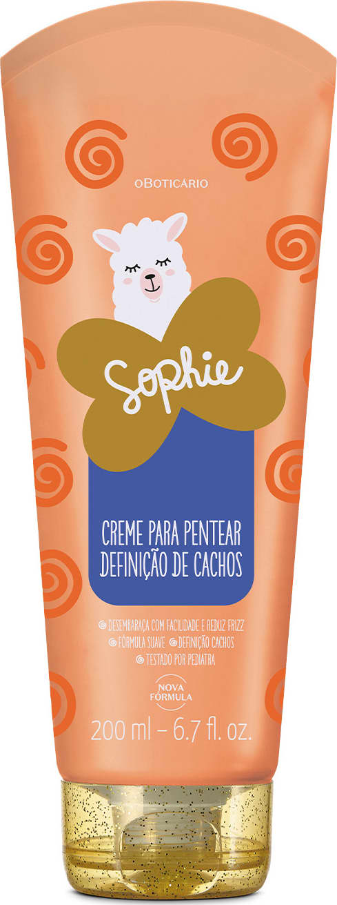 Imagem de creme para pentear com definição de cachos da marca Sophie, em embalagem de bisnaga laranja com ilustrações de espirais e um rosto de ovelha, com texto em azul e dourado.