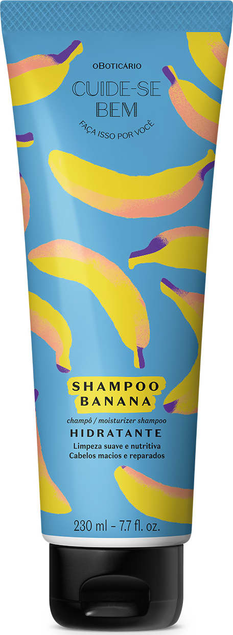 Imagem de frasco de shampoo hidratante da marca Cuide-se Bem Feira Banana, em embalagem azul com bananas ilustrando, contendo 230 ml do produto.