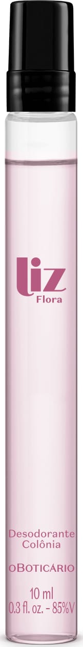 Frasco cilíndrico transparente com líquido claro, tampa preta e letras na cor vinho contendo 10ml de desodorante colônia Liz Flora.