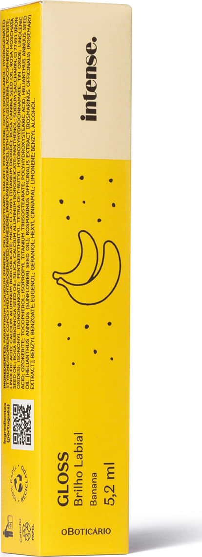 Caixa amarela com letras pretas contendo um gloss brilho labial Intense Banana.