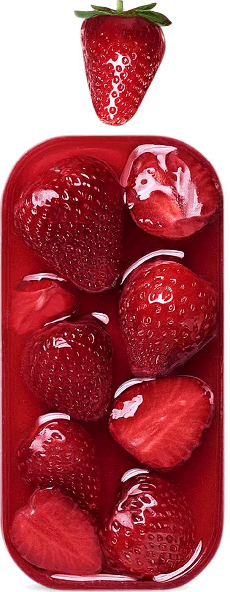 Um gif simulando o frasco do produto sendo coberto por chocolates e morangos, formando uma barra doce.