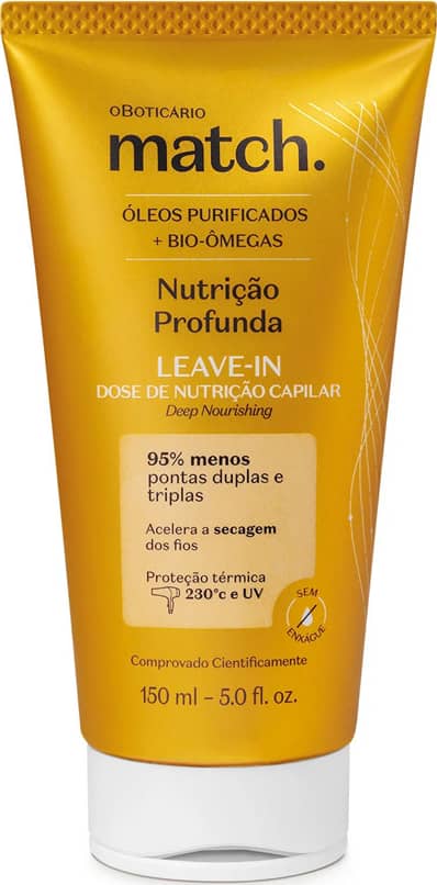 Imagem de uma bisnaga dourada contendo o leave-in da marca Match. Nutrição Profunda. A embalagem tem a tampa branca, seu  rótulo possui detalhes em amarelo com as letras pretas e ela traz 150ml de produto.