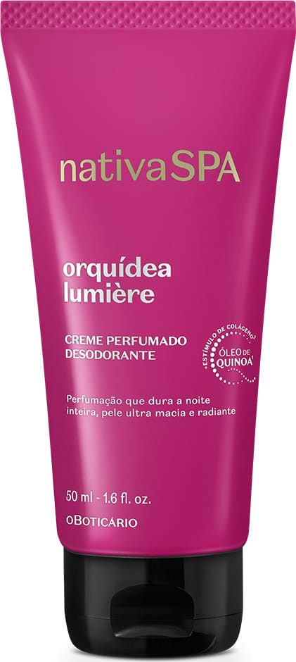 Imagem de um frasco roxo com tampa preta e letras brancas contendo 50ml de creme desodorante perfumado da marca Nativa SPA Orquídea Lumiére.