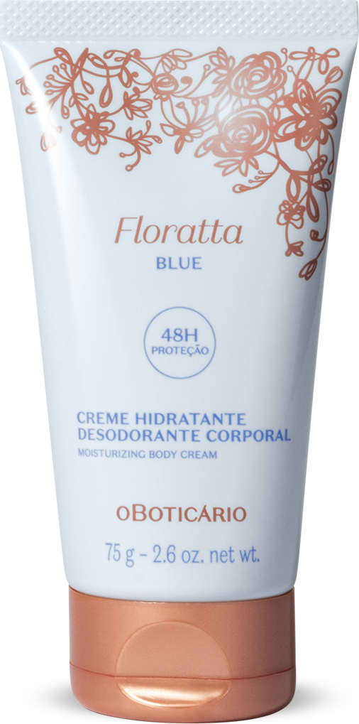 Bisnaga azul claro, letras azuis, detalhe floral e tampa na cor dourada contendo 75g de creme hidratante corporal Floratta Blue.