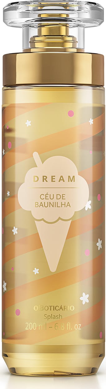 Imagem do frasco de body splash Dream Céu de Baunilha, em embalagem cilíndrica com tampa transparente e válvula spray dourada. O rótulo é em tons de amarelo, laranja e branco e traz um sorvete ilustrativo. O recipiente conta com 200ml de produto.