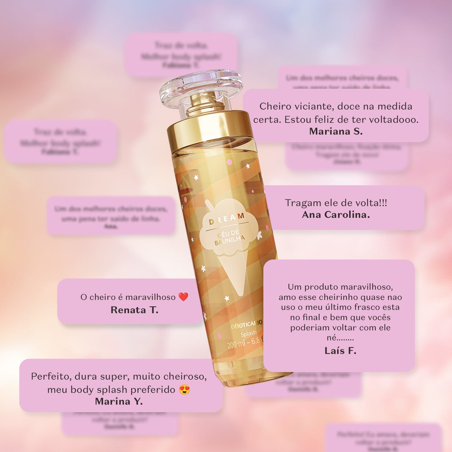 Imagem do frasco de body splash Dream Céu de Baunilha, em embalagem com tampa transparente e spray dourado. O rótulo é em tons de dourado e traz um sorvete ilustrativo. O fundo é colorido em tons de lilás e branco e conta com depoimentos sobre o produto.