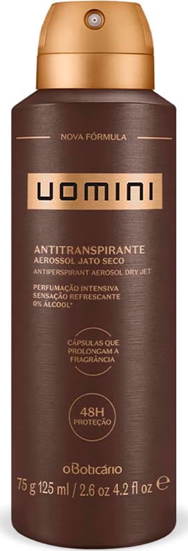 Frasco marrom com tampa e letras douradas contendo 75g/125ml de desodorante antitranspirante aerossol da marca Uomini.